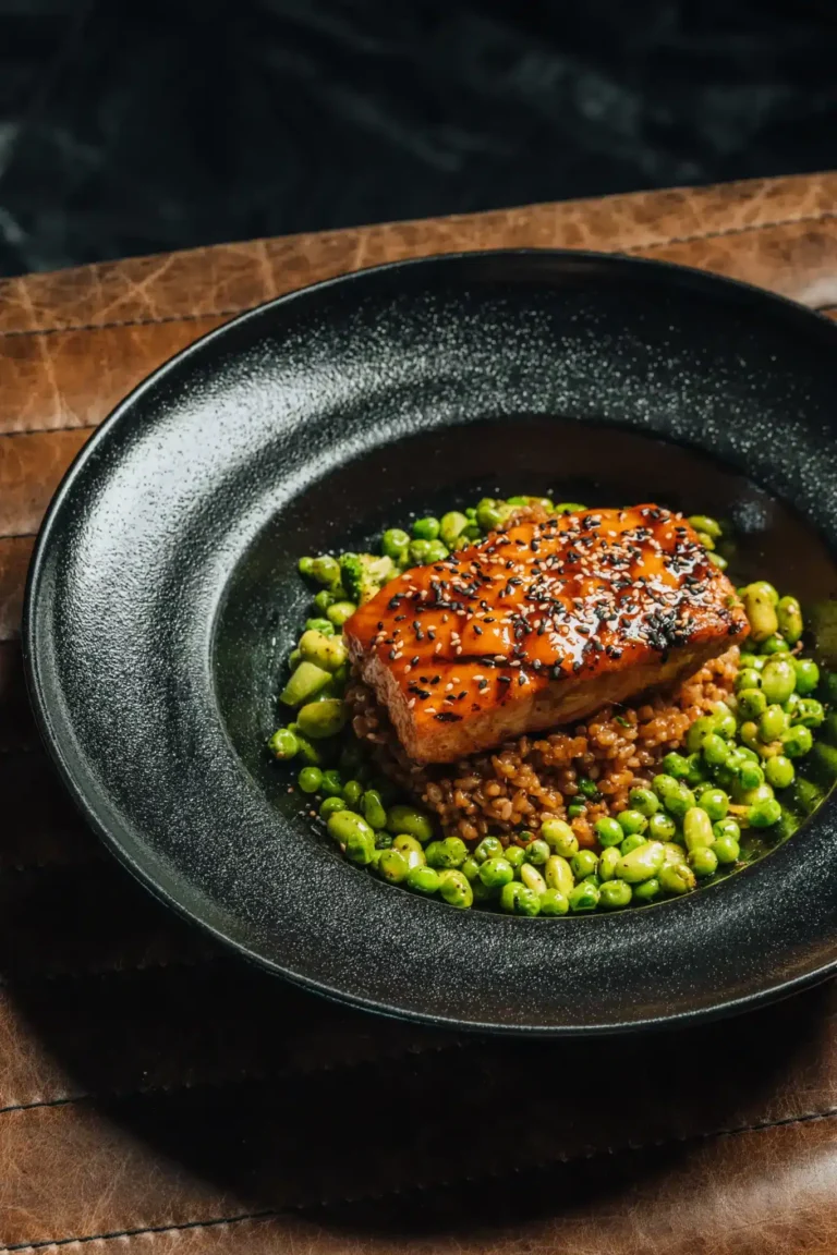 Glazed salmon topped with sesame seeds over grains and edamame in a black bowl at Tap 42 Naples